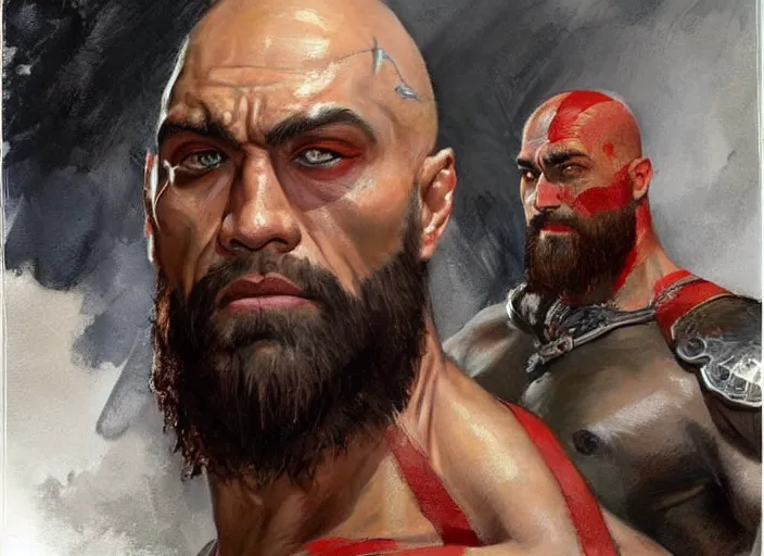 Image similar to a highly detailed beautiful portrait of the rock as kratos, by gregory manchess, james gurney, james jean