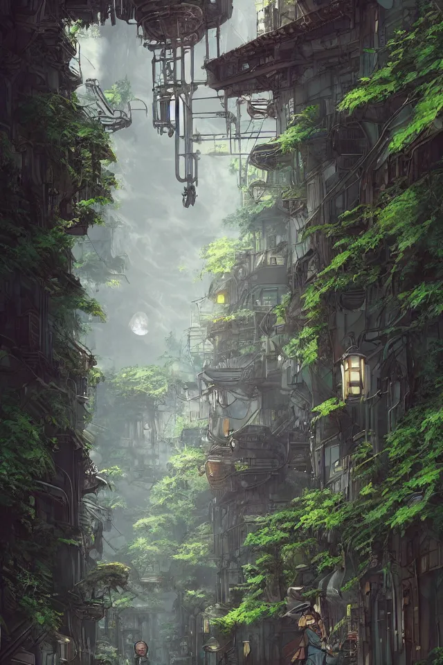 Image similar to Architectural section, movie concept art, steampunk style, Miyazaki tekkonkintreet Teikoku Shounen style, amazing + fantasy Traditional Japanese alley lane on full moon, lush vegetation and ferns, sun rays, octane render, trending on artstation, hyper detailed, cinematic