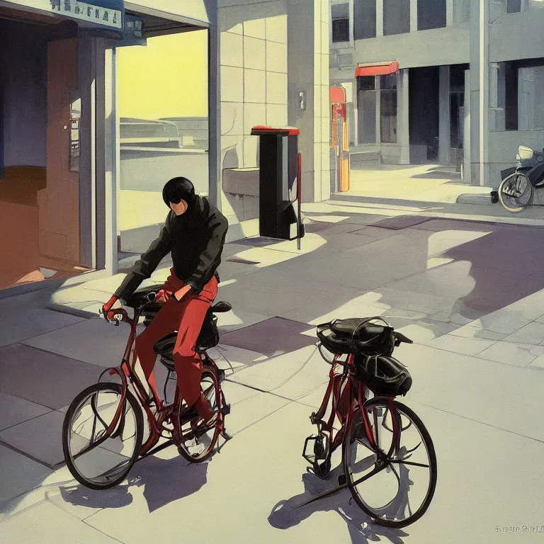 Prompt: Tatsuo on a bike from Akira by Edward Hopper, painted by James Gilleard, airbrush