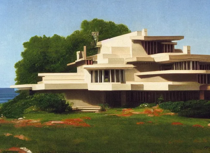 Image similar to painting of a frank lloyd wright house in cape cod by thomas cole