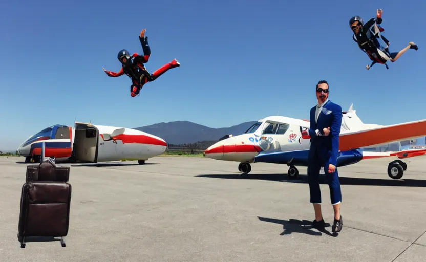 Prompt: skydiver in a suite and briefcase. plane in the background 8 0'style