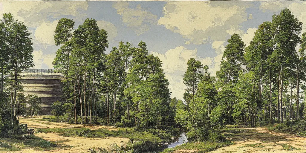 Image similar to clean and optimistic cooling tower, by a river and fields, ivan shishkin, studio ghibli