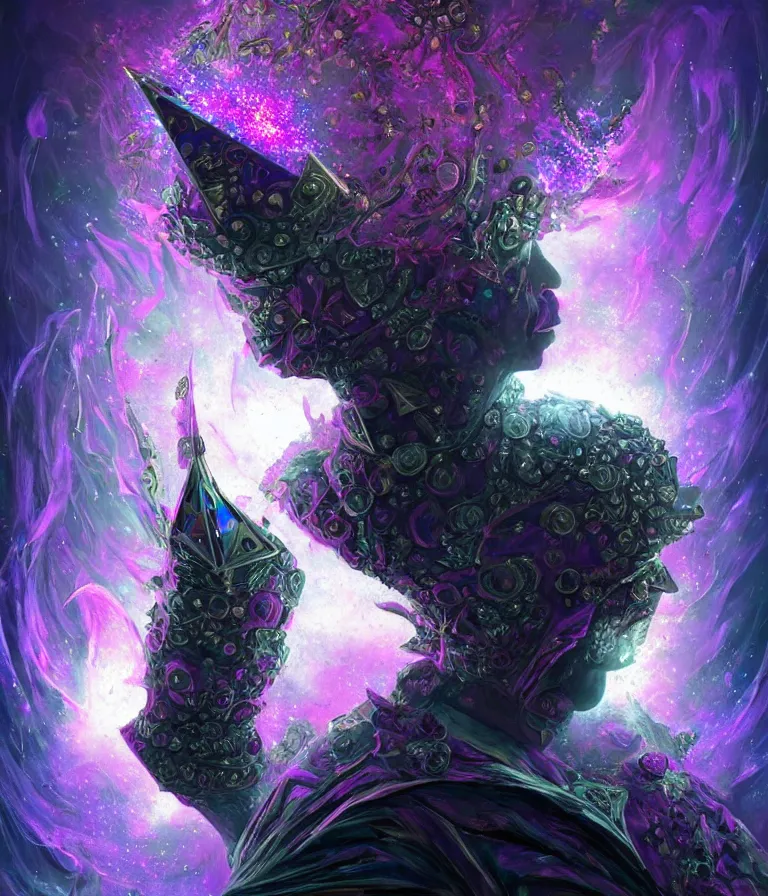 Image similar to front!!! shot of a court jester!!! character, mesmerizing fractal hypercubes, dark holography!!!, future, metallic nebula, crystalline edges, polygonal, elegant, highly detailed, centered, (((artstation, concept art, jagged, sharp focus, artgerm, Tomasz Alen Kopera, Peter Mohrbacher, donato giancola, Joseph Christian Leyendecker, WLOP, Boris Vallejo))), ((raytracing)), mugshot!!!!!, ugly!!!!!!, octane render, nvidia raytracing demo, octane render, nvidia raytracing demo, octane render, nvidia raytracing demo, 8K