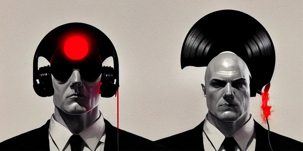 Image similar to an expressive portrait of agent 4 7 from hitman wearing headphones and holding a handgun in front of a wall of vinyl records, head being lit by red rim light, digital art, artstation, art by giger stalenhag