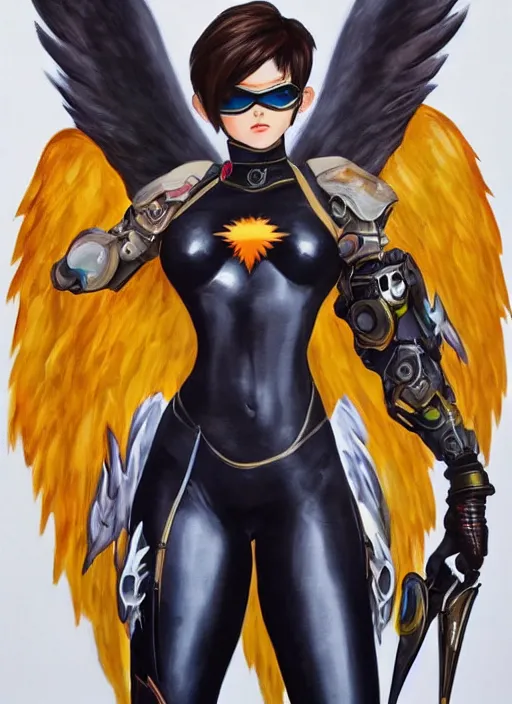 Prompt: full body oil painting of tracer overwatch, angel wings, dramatic painting, symmetrical composition, wearing detailed leather choker, black shiny armor, detailed face and eyes,