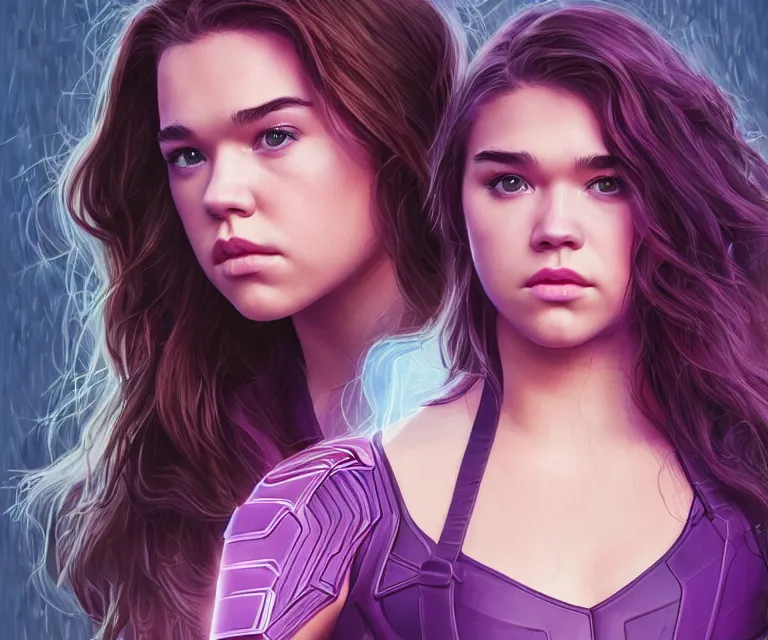 Prompt: photograph of Hailee Steinfeld and Florence Pugh, Kate Bishop, Yelena Belova, Marvel, Hawkeye, Black Widow, blush, intricate, face, elegant, purple mist, highly detailed, digital painting, artstation, concept art, matte, sharp focus