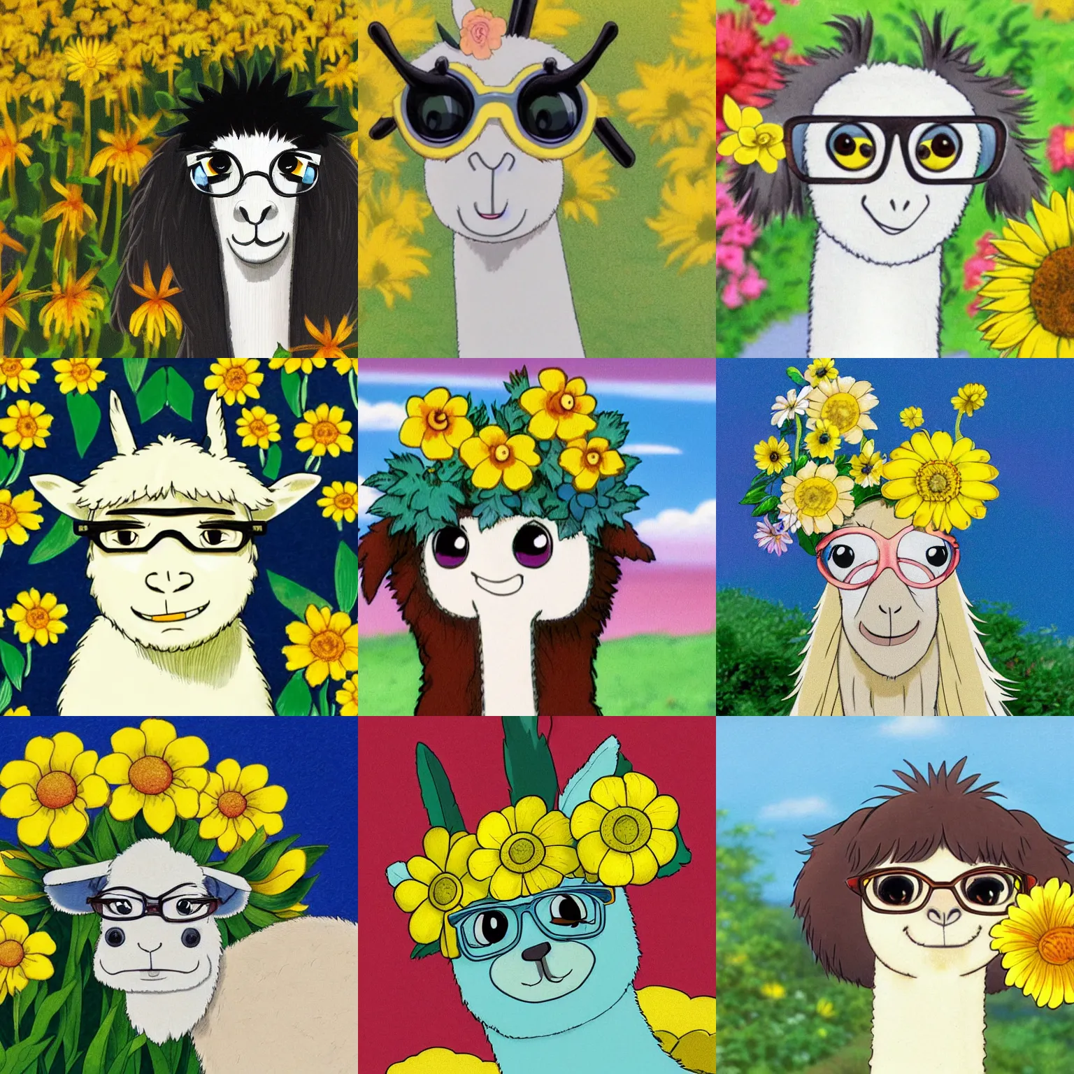 Prompt: a cute happy llama wearing eyeglasses and a yellow flower behind her ear, by studio ghibli, hayao Miyazaki