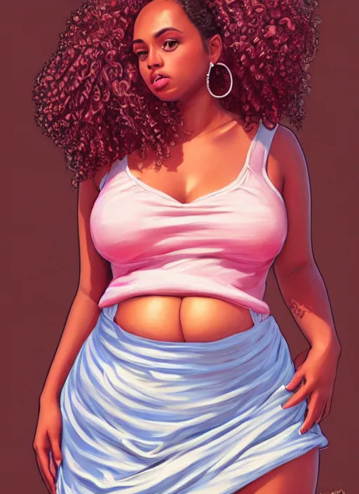 Image similar to full body portrait, teenage vanessa morgan, pink hair, brown skin, obese, curly pixie hair, sultry, realistic, short hair, hoop earrings, skirt, shirt, fat, belly, intricate, elegant, highly detailed, digital painting, artstation, concept art, smooth, sharp focus, illustration, art by wlop, mars ravelo and greg rutkowski