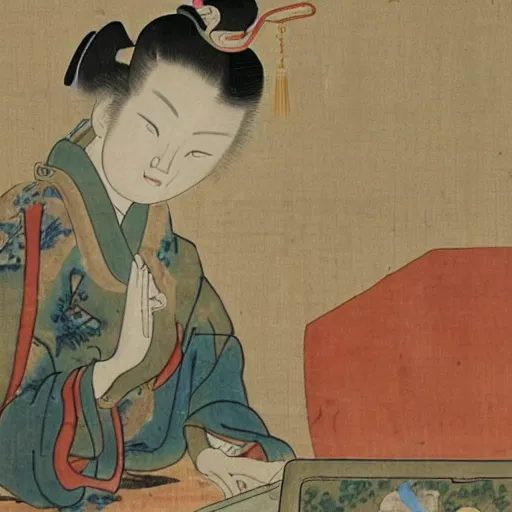 Prompt: the Chinese ancient painting of a lady working with a laptop in Tang Dynasty , by Han Xizai