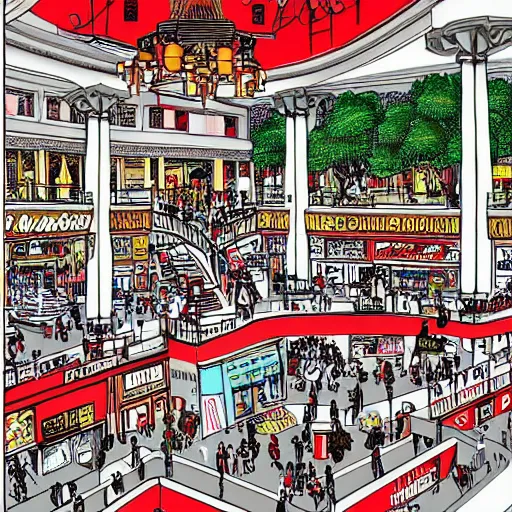 Prompt: where's waldo book page highly detailed, mall setting