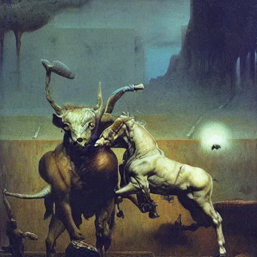 Prompt: theseus battle with the minotaur, oil painting by beksinski