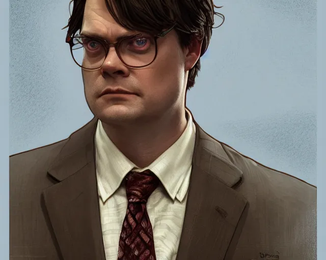 Prompt: close up of dwight schrute wearing a brown suit and necktie, focus, d & d, intricate, elegant, highly detailed, digital painting, artstation, concept art, matte, sharp focus, illustration, hearthstone, art by artgerm and greg rutkowski and alphonse mucha