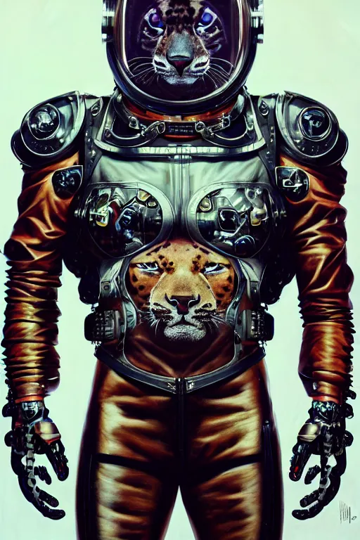 Prompt: a portrait of a muscular anthropomorphic cyberpunk jaguar in spacesuit armor with ensignia on chest plate by sandra chevrier, by jon foster, detailed render, post - processing, extremely hyperdetailed, intricate, epic composition, cybernetics, 4 k realistic, cryengine, realistic shaded lighting, sharp focus, masterpiece, by enki bilal