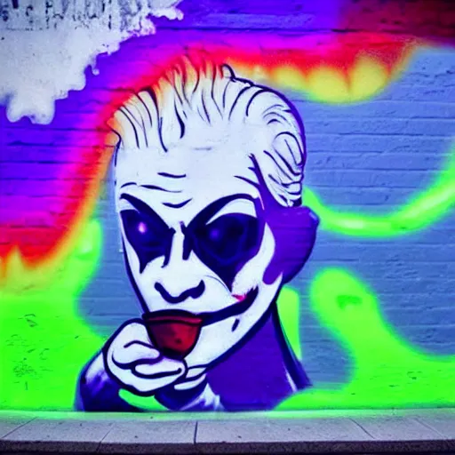 Prompt: florescent glowwave graffiti of the baby joker drinking wine on a street wall, glow wave