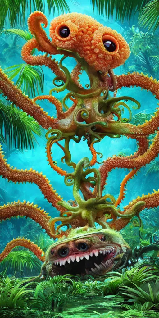 Image similar to of a tropical rainforest lake with strange cute friendly happy creatures with huge eyes, mouth, long tongue, round teeth and tentacles appearing from sandy coral, in the style of gehry and gaudi, macro lens, shallow depth of field, ultra detailed, digital painting, trending artstation, concept art, illustration, cinematic lighting, photorealism, epic, octane render