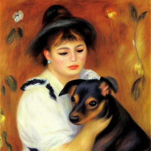 Image similar to a woman and her black and brown chihuahua by pierre - auguste renoir