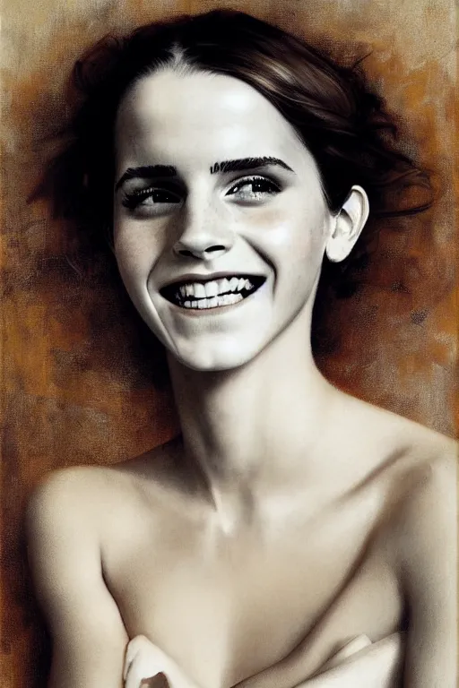 Image similar to emma watson smiling laughing alexander mcqueen gathered faille v - neck mini dress smiling detailed portrait painting by gaston bussiere craig mullins j. c. leyendecker photograph by richard avedon peter lindbergh