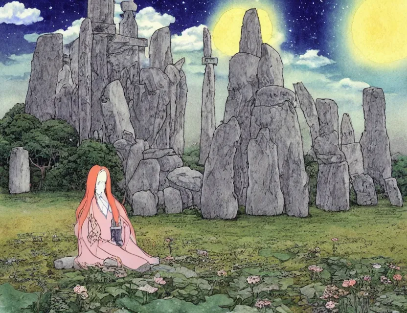 Image similar to a hyperrealist studio ghibli watercolor fantasy concept art of a giant long haired grey witch in lotus position sitting on top of stonehenge with a starry sky in the background. a ufo is in the sky. by rebecca guay, michael kaluta, charles vess