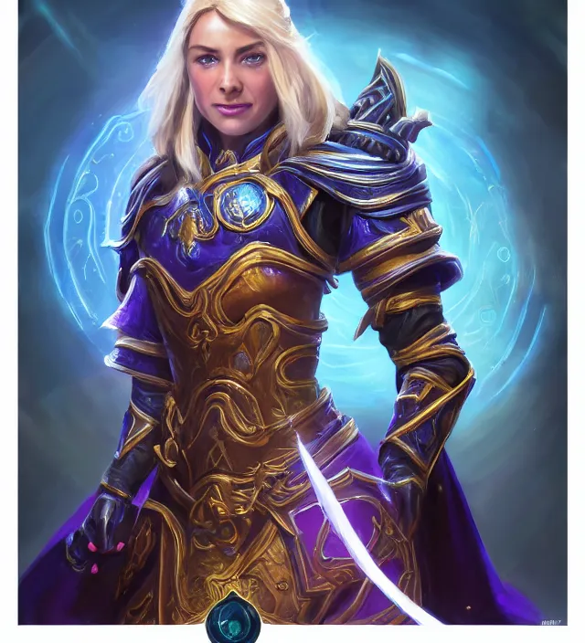 Image similar to Jaina Proudmore portrait, intricate arcane armor with glowing magical runes, flowing blue magical energy, subject in the middle of the frame, rule of thirds, golden ratio, elegant, digital painting, octane 4k render, zbrush, hyperrealistic, artstation, concept art, smooth, sharp focus, illustration from Warcraft by Ruan Jia and Mandy Jurgens and Artgerm and William-Adolphe Bouguerea