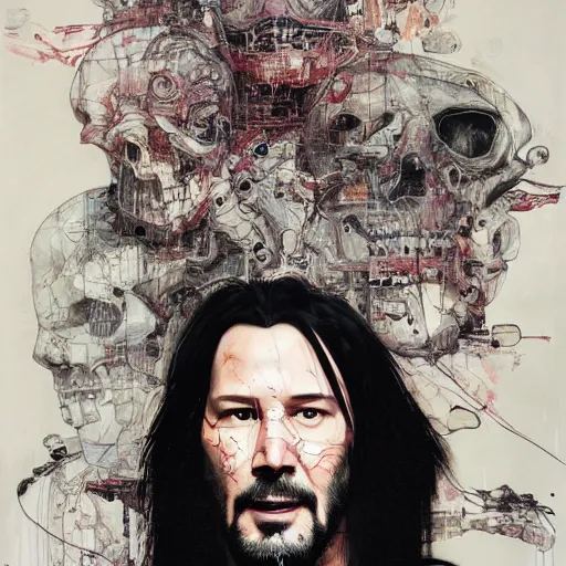 Image similar to keanu reeves as a cyberpunk noir detective, skulls, wires cybernetic implants, machine noir grimcore, in the style of adrian ghenie esao andrews jenny saville surrealism dark art by james jean takato yamamoto and by ashley wood and mike mignola