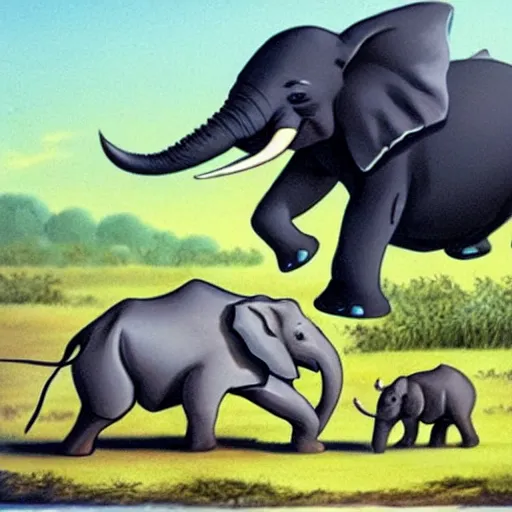 Image similar to a cartoon of an elephant chasing a rhino on african plains, tron