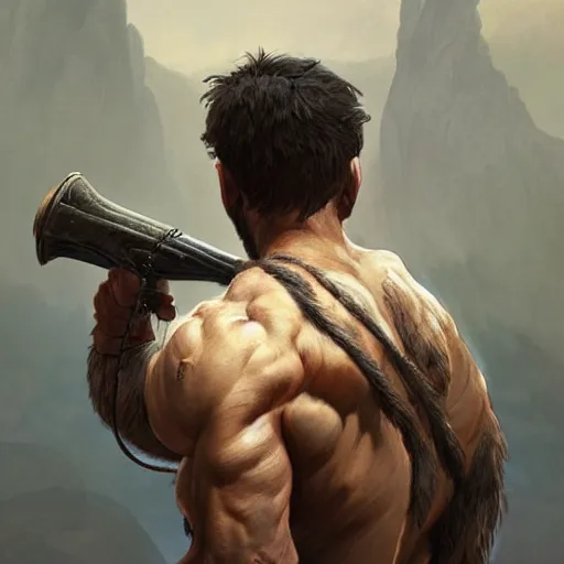 Prompt: back portrait of a rugged ranger, hairy, D&D, muscular, fantasy, intricate, elegant, highly detailed, digital painting, artstation, concept art, matte, sharp focus, illustration, art by Artgerm and Greg Rutkowski and Alphonse Mucha