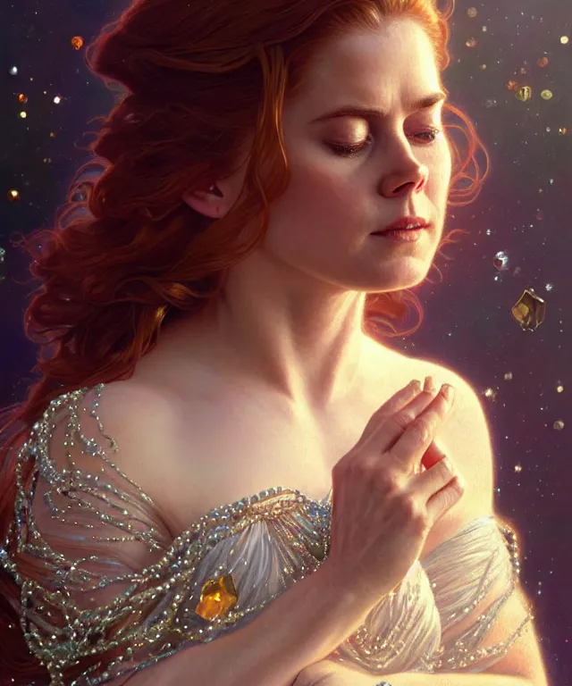 Prompt: a meditating Amy Adams with beads and crystals, portrait, intricate, elegant, highly detailed, digital painting, artstation, concept art, smooth, sharp focus, illustration, art by artgerm and greg rutkowski and alphonse mucha