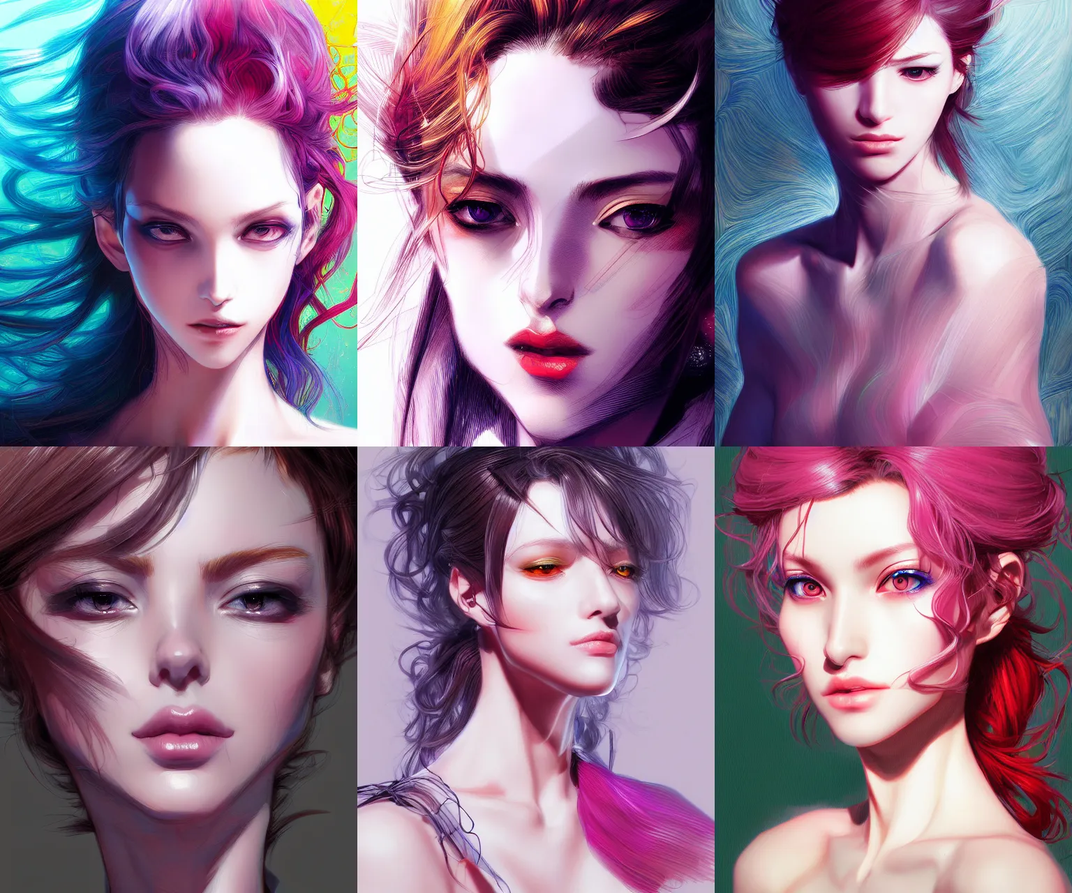 Prompt: portrait of a woman, fashion, beautiful, elegant colorful, artstation trending, deviantart, highly detailed, focus, smooth, by hirohiko araki, yoshitaka amano