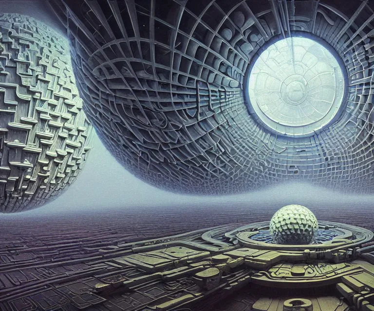 Image similar to hyper detailed 3d render like a Oil painting - inside a dyson sphere, futuristic science fiction vibe, by Jacek Yerka, Mariusz Lewandowski, Houdini algorithmic generative render, Abstract brush strokes, Masterpiece, Edward Hopper and James Gilleard, Zdzislaw Beksinski, Mark Ryden, Wolfgang Lettl, hints of Yayoi Kasuma, octane render, 8k, wide angle shot