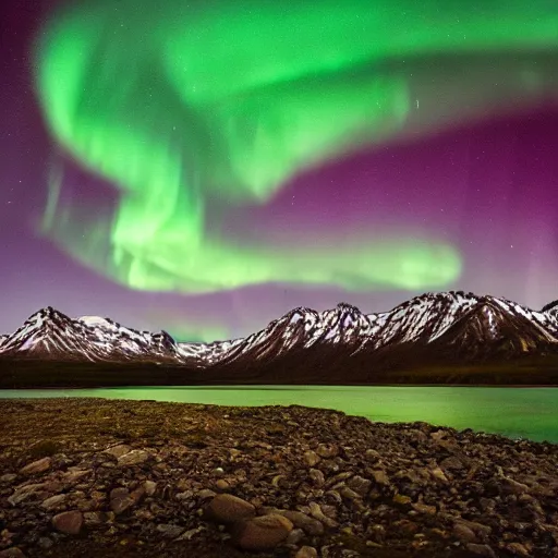 Prompt: a photograph of an alaskan landscape at night with aurora borealis and stars visible, beautiful, photography, award winning, timelapse