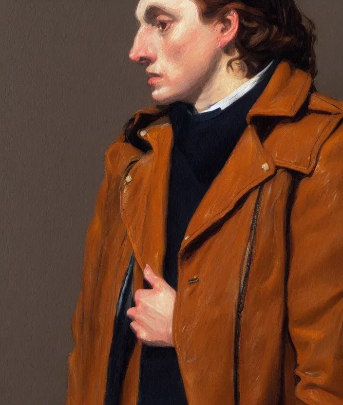 Image similar to a very detailed portrait of a man wearing an 8 0 s jacket with big shoulder pads, very aesthetic leather jacket, detailed closeup of leather jacket, front view, in the style of edward hopper and oswald hornby joseph birley and susan ryder, very small brushstrokes, 4 k,