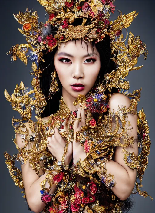 Prompt: expressive full body photo of an asian female model, ornate headpiece made from flowers, ornaments, glamour shot, by karol bak, by stefan gesell, photorealistic, canon r 3, fashion photography, hyper maximalist, elegant, ornate, luxury, elite, environmental portrait, symmetrical features, octane render, unreal engine, solid dark grey background, dramatic lights