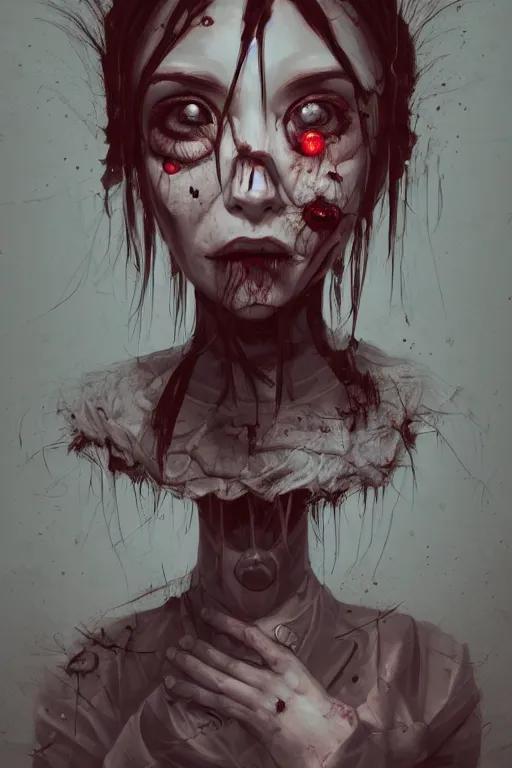 Prompt: cartoon grunge portrait of a creepy horror nurse girl . intricate abstract. intricate artwork. nightmare fuel. terrifying. by Tooth Wu, wlop, dan mumford , trending on artstation, greg rutkowski very coherent symmetrical artwork. cinematic, hyper realism, high detail, octane render, 8k