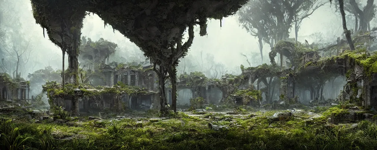 Image similar to concept art of an abandoned ruined city overgrown with nature by filip hodas, 3d render, hyper realistic, unreal engine, atmospheric, detailed