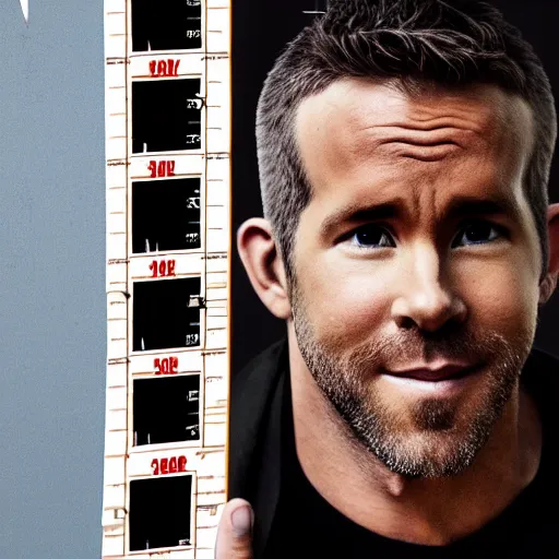 Prompt: photo of Ryan Reynolds in prison outfit getting, handcuffed, getting picture taken in front of a height chart in prison, highly detailed, high quality, HD, 4k, 8k, Canon 300mm, professional photographer, 40mp, lifelike, top-rated, award winning, realistic, sharp, no blur, edited, corrected, trending