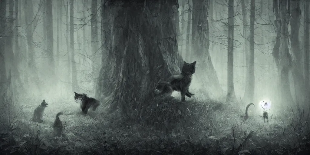 Image similar to a dog and cat find a strange huge creature in the woods, ominous atmosphere, dark environment, one source of orange light. art by artem demura and anton semenov