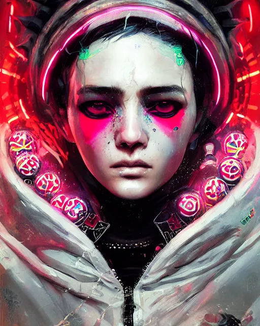 Prompt: detailed portrait witch, cyberpunk futuristic neon, reflective puffy coat, decorated with traditional Japanese ornaments by Ismail inceoglu dragan bibin hans thoma greg rutkowski Alexandros Pyromallis Nekro Rene Maritte Illustrated, Perfect face, fine details, realistic shaded, fine-face, pretty face