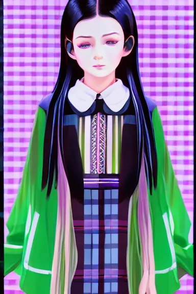 Prompt: mysterious girl child with her long black hair dressed in a chequered robe anime art style, big green diamond on her hand, digital art by ilya kuvshinov, inspired by balthus, hd, 4 k, hyper detailed