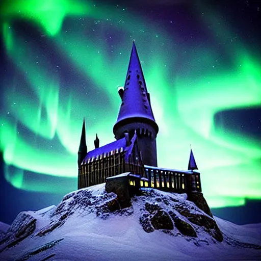 Image similar to “Hogwarts School of Witchcraft and Wizardry with the norther lights in the background. 4k, 8k, unreal 5, very detailed, hyper control-realism,.”