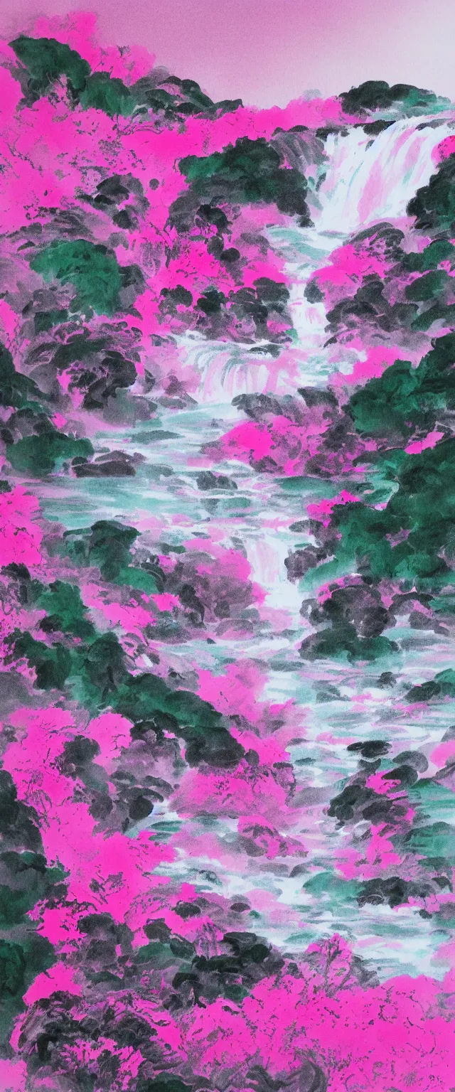 Prompt: an endless waterfall, pink colour splash, painted with a thick brush, detailed sumi - e illustration