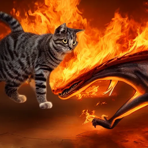 Prompt: highly detailed 4 k realistic photo of a cat battling a fire breathing dragon