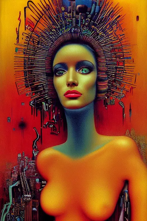 Image similar to 8 0 s art deco close up portait of miss of the world, rain like a dream oil painting curvalinear clothing cinematic dramatic cyberpunk textural fluid lines otherworldly vaporwave interesting details fantasy lut epic composition by basquiat zdzisław beksinski james jean artgerm rutkowski moebius francis bacon gustav klimt