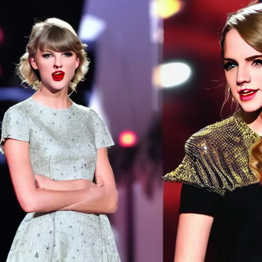 Prompt: stage photo of taylor swift and emma watson as one person,