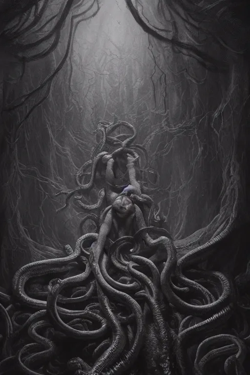 Image similar to realistic portrait beautiful detailed matte painting of cinematic movie scene hp lovecraft, horror, tentacles, created by gustave dore and greg rutkowski, high detailed, smooth draw, synthwave neon retro, intricate, realistic proportions, dramatic lighting, trending on artstation.