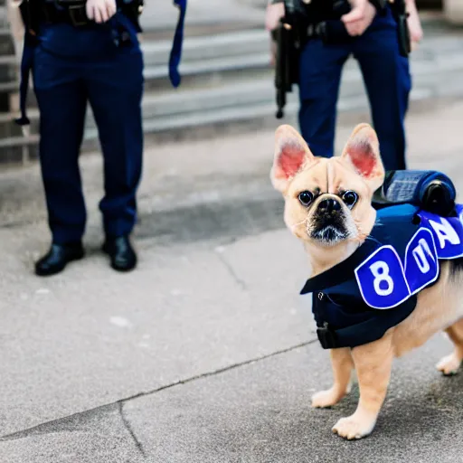 Prompt: a cute puppy wearing a policeman uniform, Canon EOS R3, f/1.4, ISO 200, 1/160s, 8K, RAW, unedited, symmetrical balance, in-frame