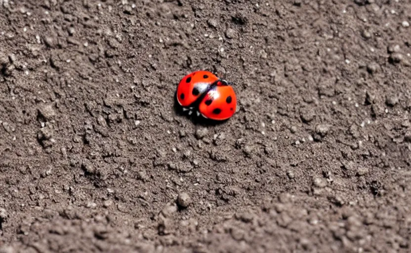 Image similar to a tiny world made of mud, there is a beautiful ladybug with 6 legs ready to fly away, wings opened up, ambient light, beautiful photography