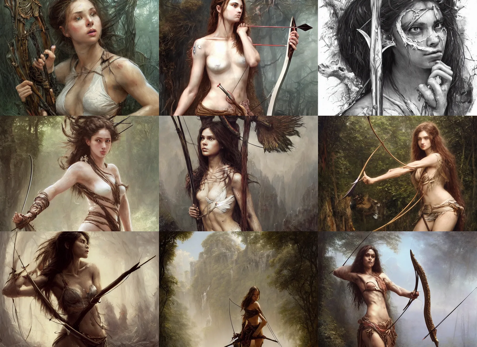 Prompt: artstation concept of a beautiful girl holding a bow and arrow, sweaty skin, symmetrical face, high body detail, ripped up white garment, jungle background, hyperdetailed, artstation trending, world renowned artists, worth1000.com, cgsociety, by greg rutkowski, by Gustave Doré, by Marco Turini, by Artgerm, Deviantart in the style of Tom Bagshaw, Cedric Peyravernay, Peter Mohrbacher