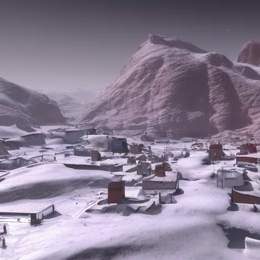 Image similar to a snowy village on mars, 8 k, highly detailed, unreal engine render