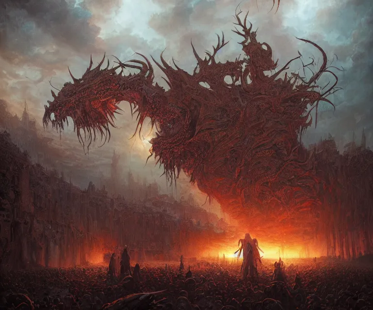Prompt: a beautiful depiction of the book of revelations, horror, backlit, gloomy sky, highly detailed, digital painting, scales, by eddie mendoza and greg rutkowski and dan mumford and artgerm, vivid colors, masterpiece, detailed shading, 8 k resolution, intricate, smooth