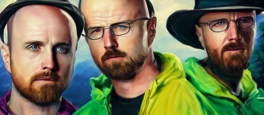 Image similar to an ultra detailed beautiful oil painting of jesse pinkman and heisenberg from breaking bad, colorful, soft shading, by sargent, by giovanni strazza, by raffaelo monti